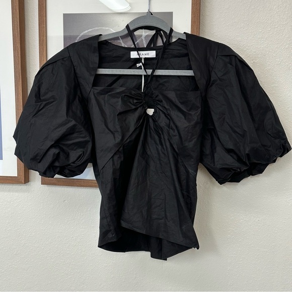 NWT FRAME Cutout Gathered Stretch-Cotton Sateen Blouse M - Picture 6 of 7